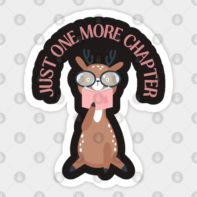 Little deer reading book Just one more chapter I Love Books Bookoholic Sticker by BoogieCreates